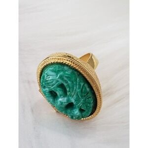 Vintage 1970s Avon Bird of Paradise Perfume Glacé Locket Ring Faux Jade Adjustab